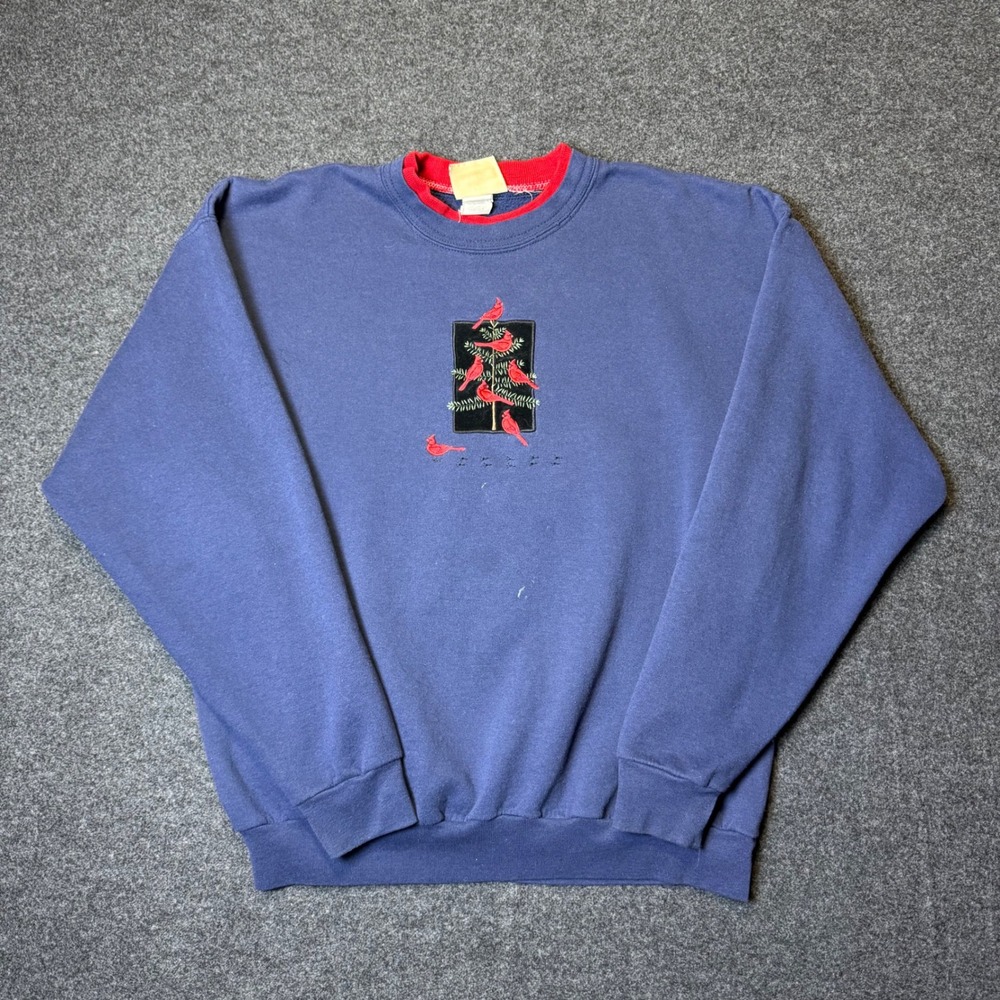 Vintage Morning sun Top Stitch Sweatshirt L Blue Cardinal Bird Crewneck Graphic